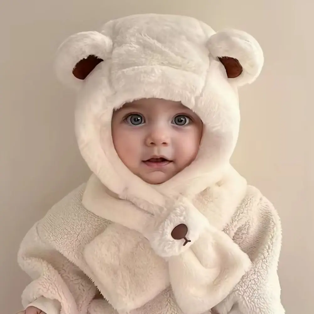 Combinação de chapéu e cachecol com capuz de urso de desenho animado infantil de 2 a 6 anos – proteção de ouvido quente espessada para esqui, festas, atividades ao ar livre