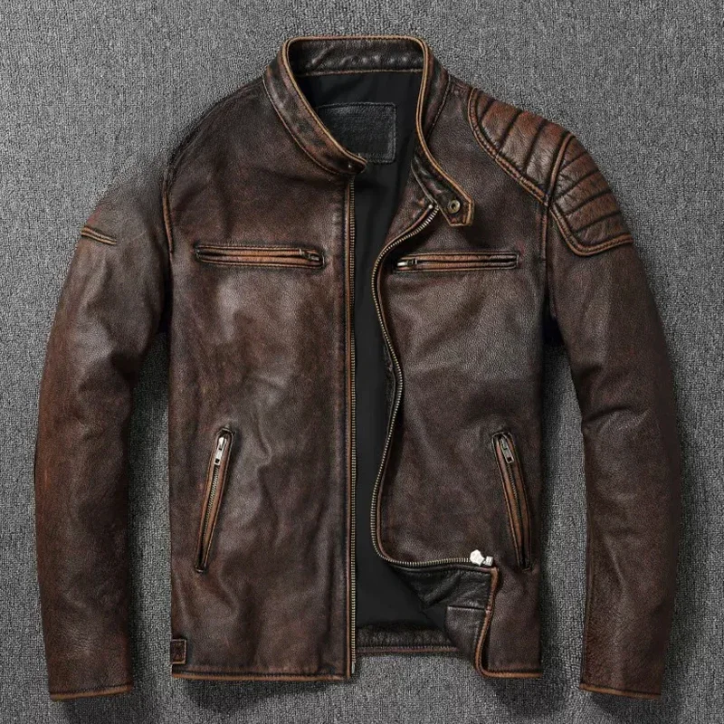 Vintage czarny brązowy prawdziwa skóra bydlęca z prawdziwej skóry kurtka z prawdziwego futra męska kurtka skórzana Bomber męska kurtka skórzana kurtka motocyklowa — zdjęcie 2
