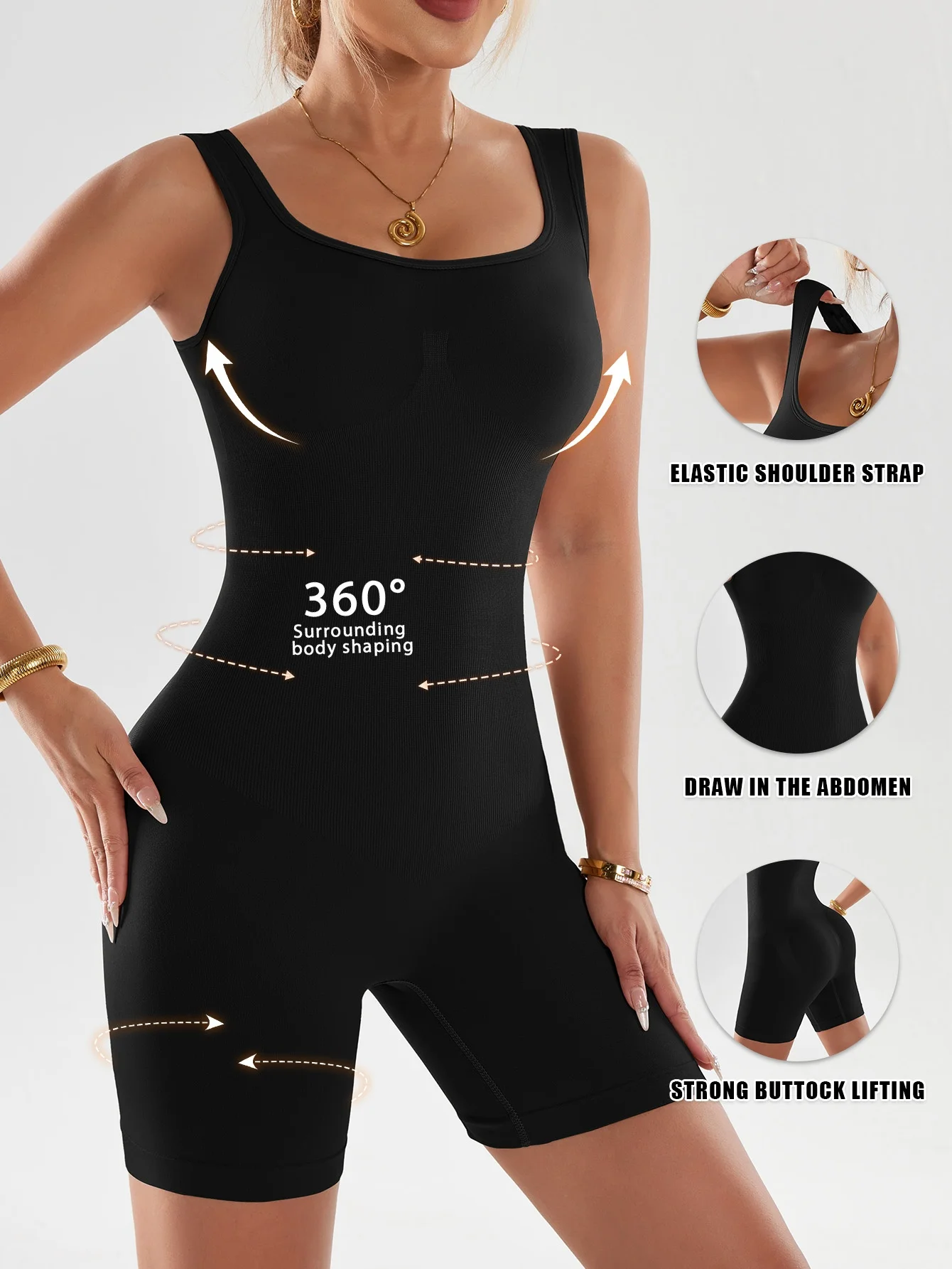 Women's Seamless Butt Lift & Shape Tights - Mid Waist High Stretch Nylon/Spandex Corset, Square Neck Full Body Shaper, Posture Support & Tummy Control, Machine Washable Elegant Solid Colour Athletic & Casual Wear, Fitness Tops, Posture Correction