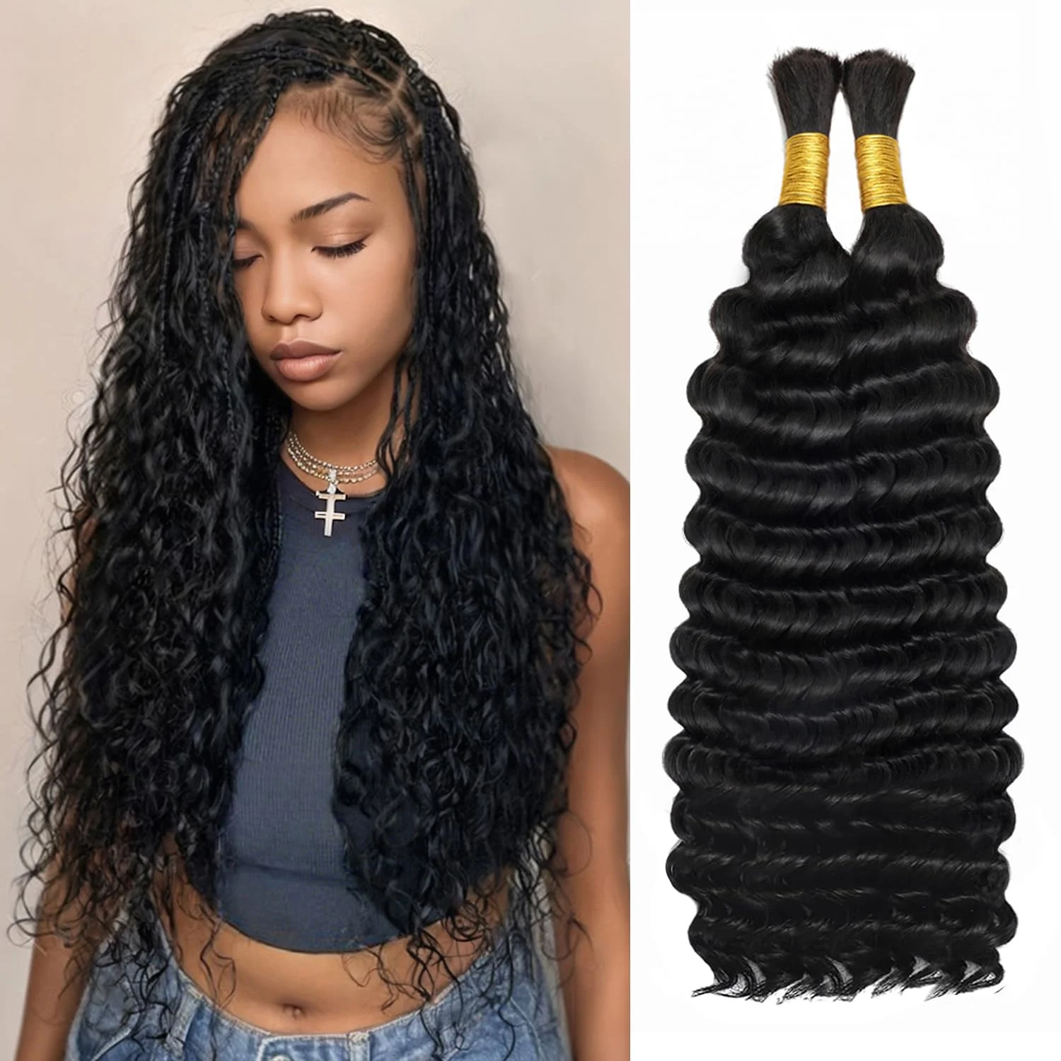 

26 Inch Human Braiding Hair Deep Water Wave Bulk Human Hair for Braiding 12A Brazilian Virgin Curly Hair for Braids