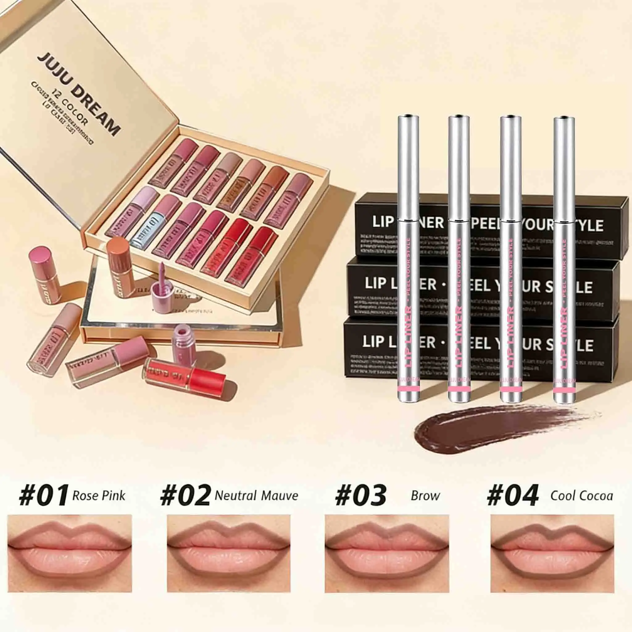 16 Pcs Lip Gloss Lipstick Set+Peel-Off Lip Liner Matte Long-Lasting Waterproof Liquid Velvet Non-Stick Formula Stain Cosmetic