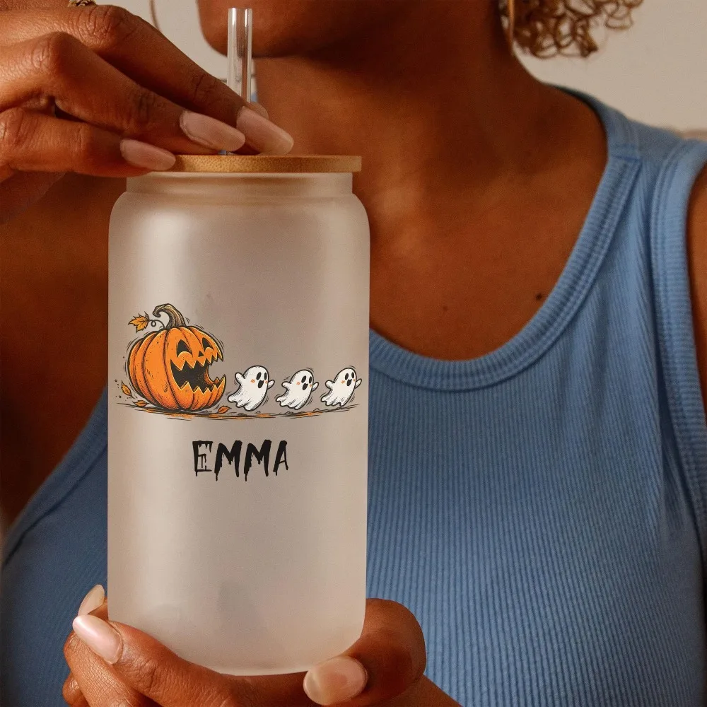Personalized Halloween Pumpkin Ghost Glass Tumbler Custom Name Cute Spooky Cup With Bamboo Lid Straw Halloween Party Gifts.