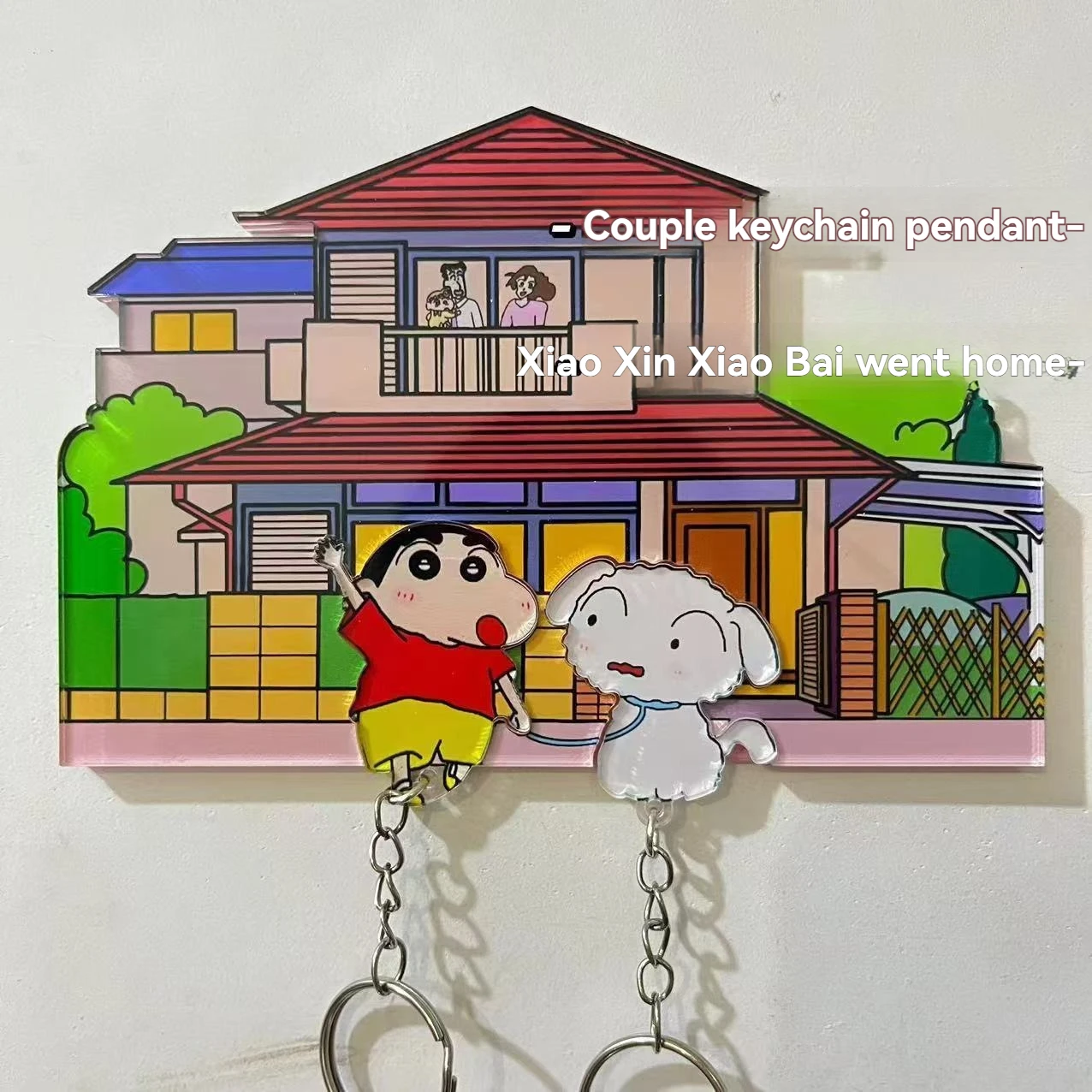 Crayon Shin chan-llavero de pareja de anime, pegatina acrílica de dibujos animados para refrigerador, decoración de puerta, colgante de llave antipérdida, regalo