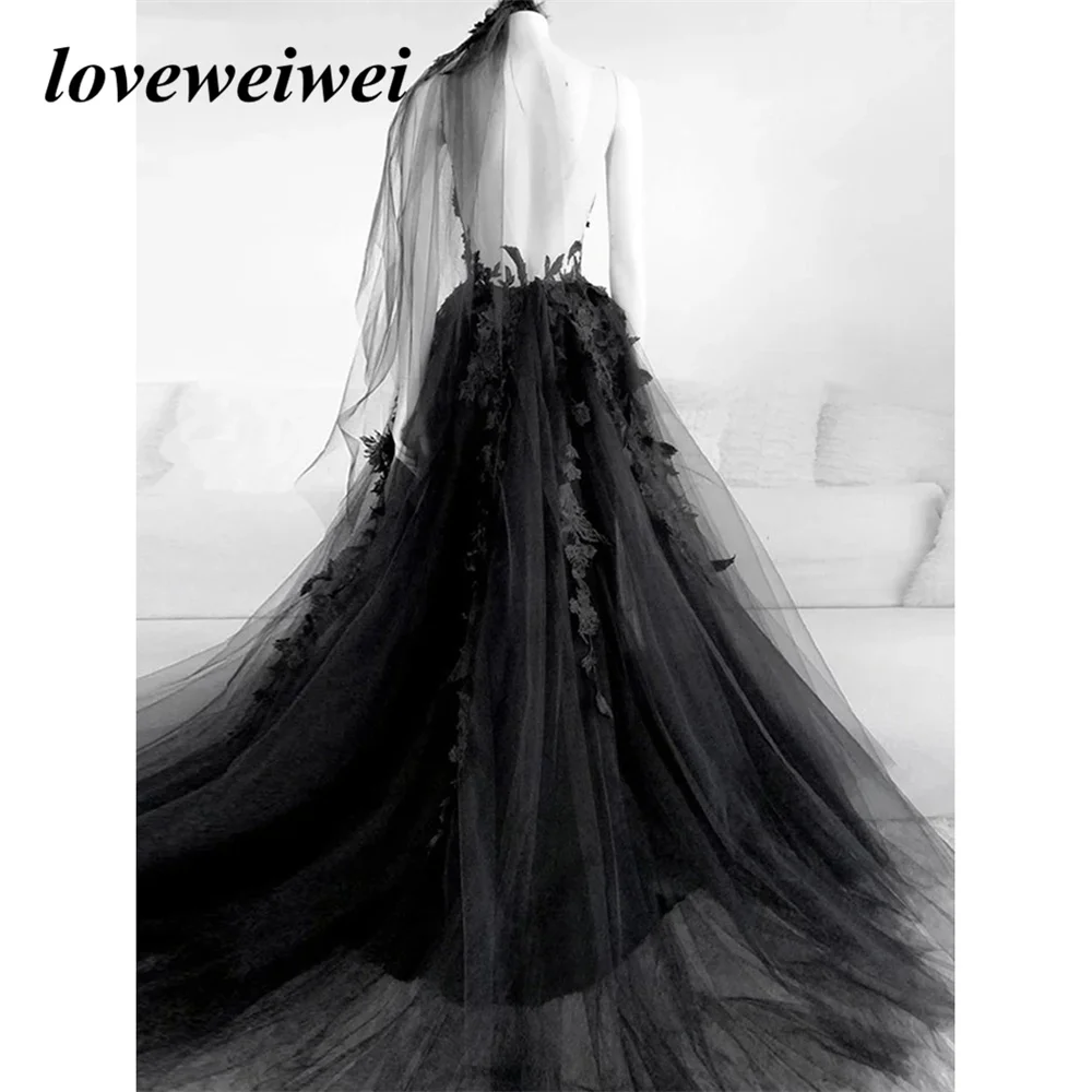 Gothic Black Prom Dresses Sexy Backless High Side Split A-line Evening Dress Lace Formal Party Gowns With Veil Robe De Soirée