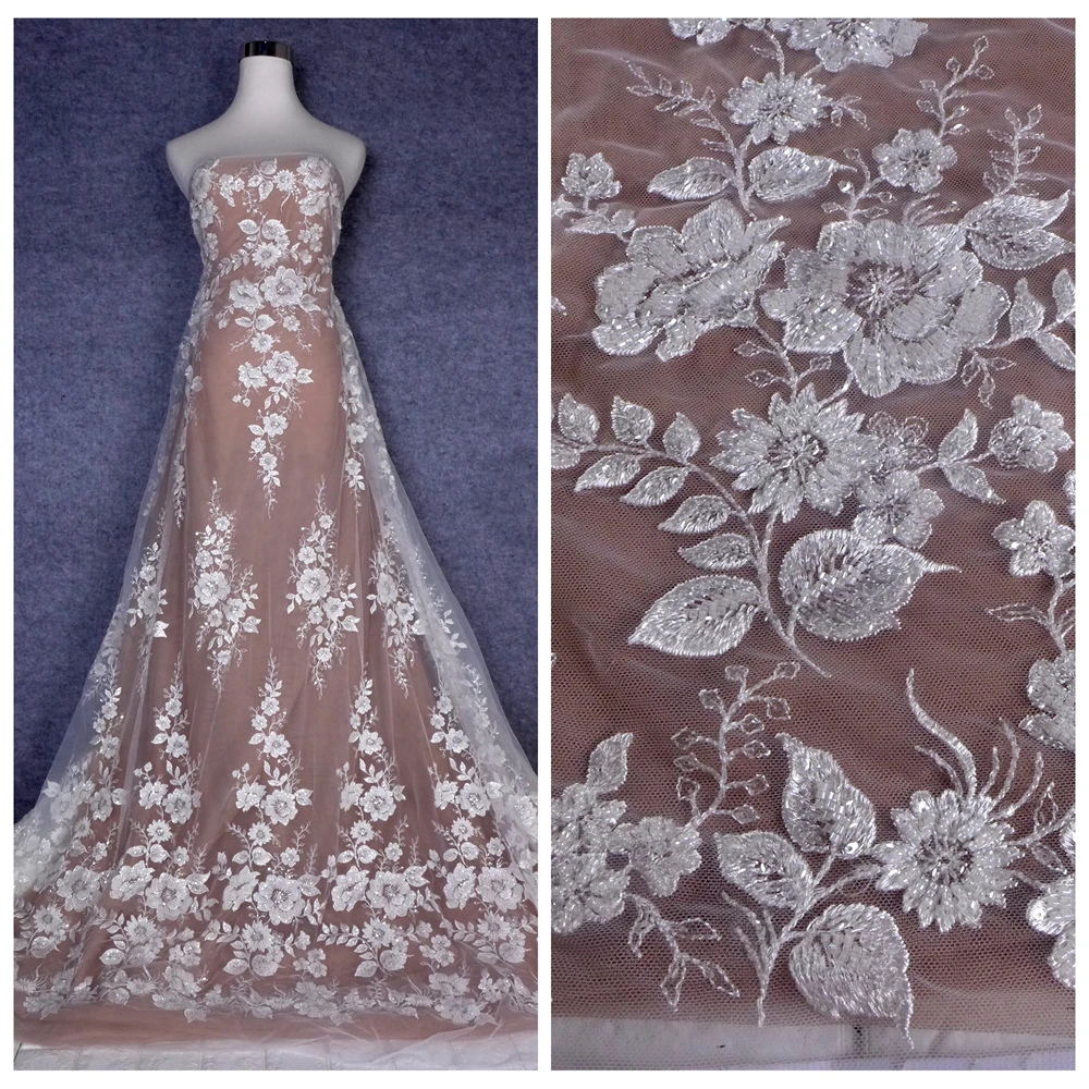 

HelluyerDC Off-White beading lace fabric,flwoers leaves partterns for wedding,evening,dance gown great for different designs