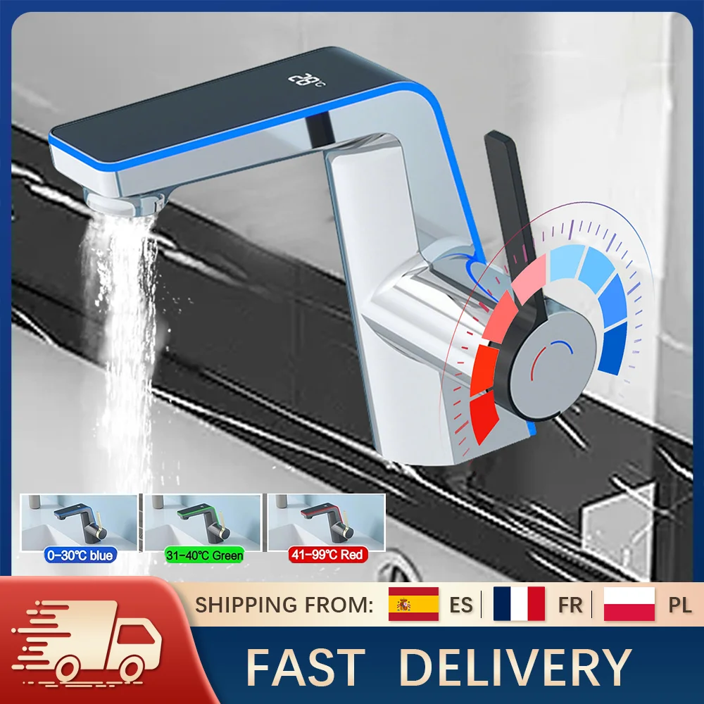 Robinet de lavabo LED haut de gamme avec affichage de la température, pulvérisateur 2 modes, mitigeur eau chaude et froide, monotrou, pour salle de bain, à poser sur le comptoir