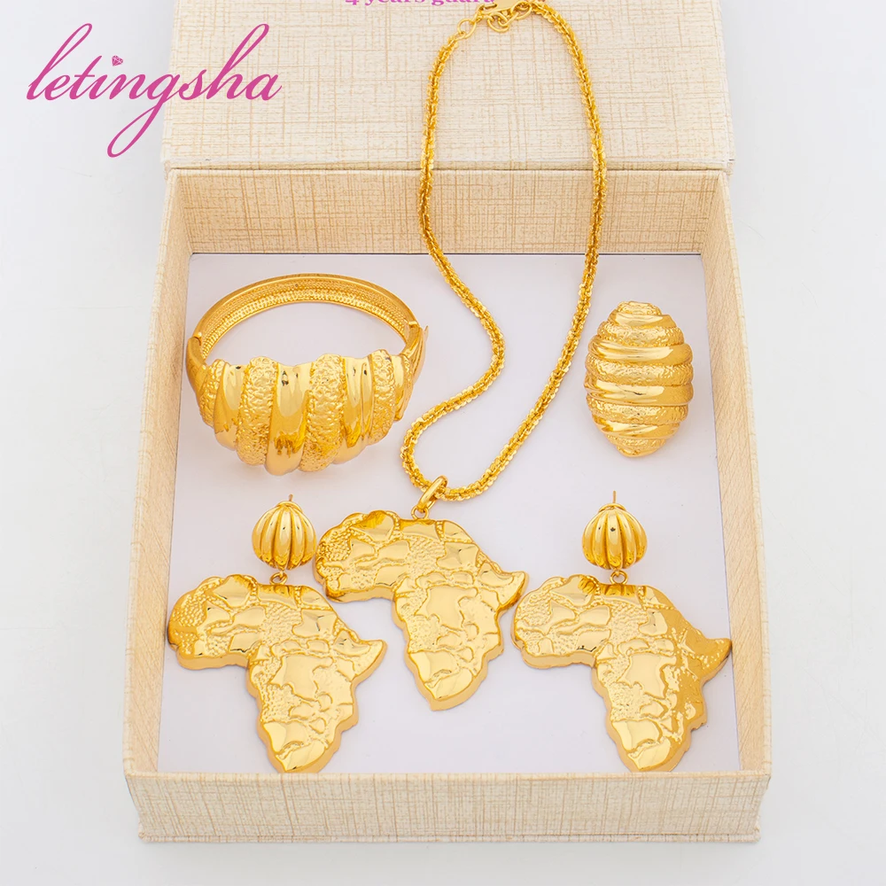 مجموعة مجوهرات مطلية بالذهب عيار 18 للنساء ، تصميم خريطة أفريقيا ، أقراط متدلية ، سوار ذهبي ، خاتم ، ملابس يومية ، هدية حفلة ، فاخرة