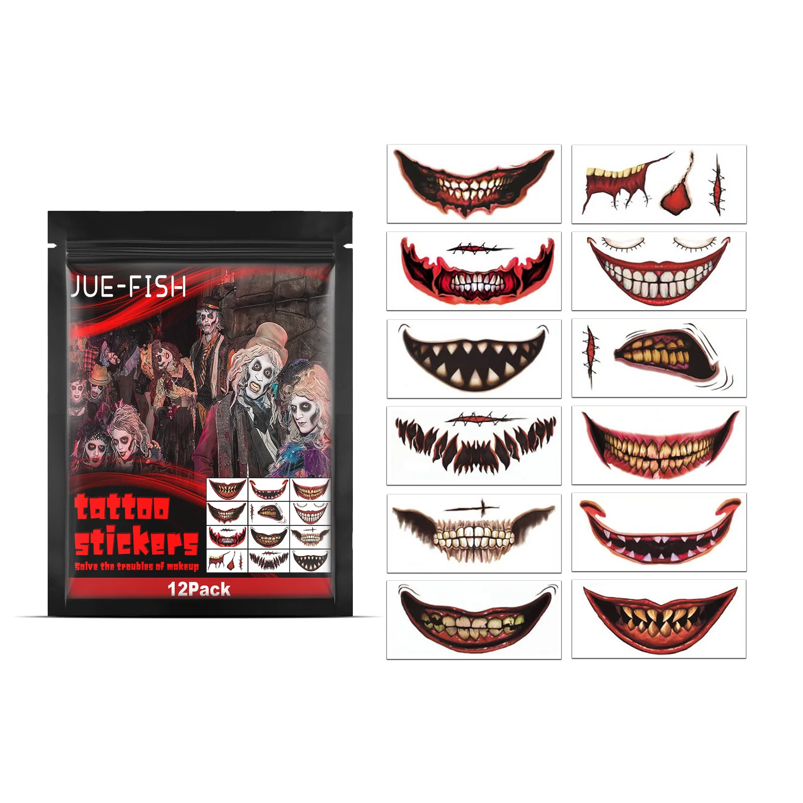 Jue Fish Halloween Temporary Tattoos Stickers Horror Party Scary Mouth Fake Tattoo Stickers for Halloween Cosplay Makeup Decoration