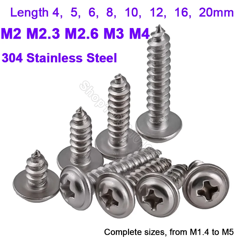 M2 M2.3 M2.6 M3 M4 Stainless Steel Cross Phillips Round Pan Head With Washer Pad Collar Self-tapping Wood Screw L 4,5,6,8-20mm