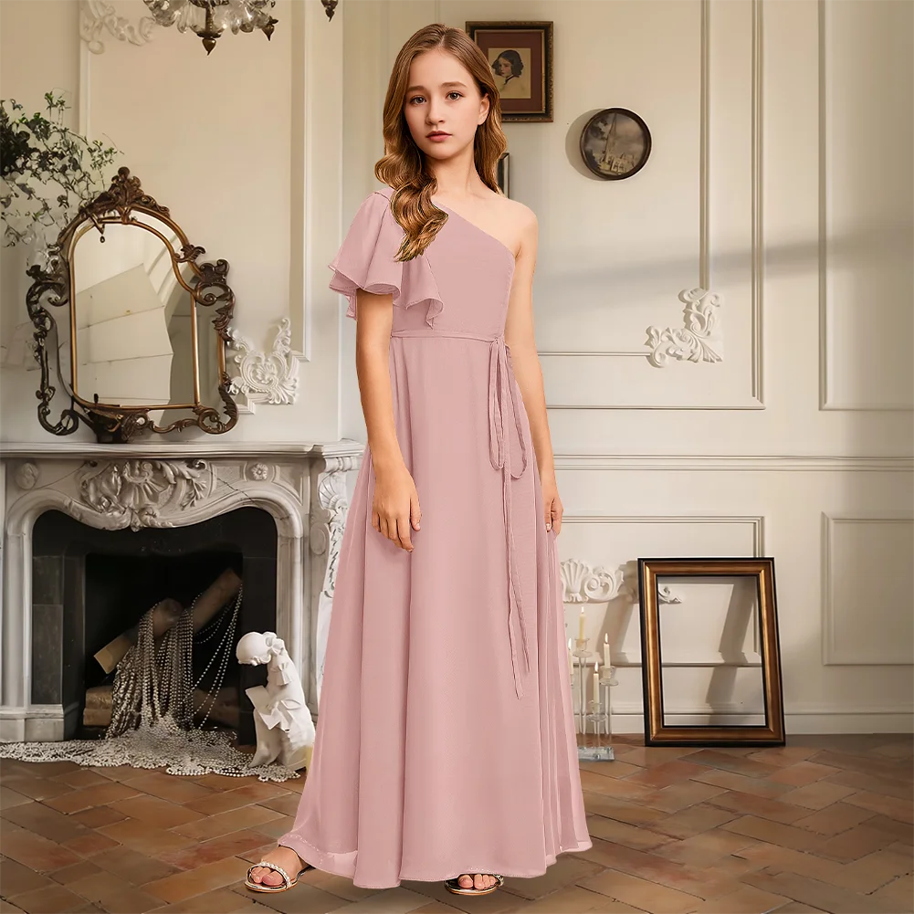 

AQ Kids A-Line One Shoulder Floor-Length Chiffon Junior Bridesmaid Dress Flower Girl Dress Girls Party Wedding Formal Dark Green