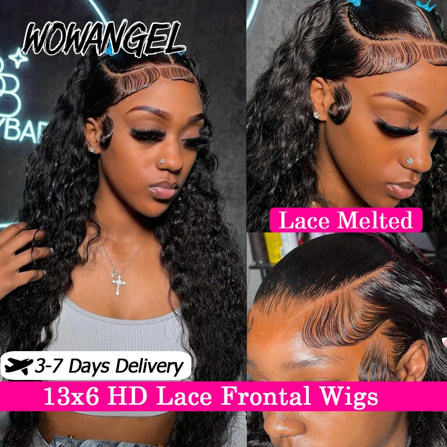 WowAngel 34in Water Wave Remy Hair 250% 13x6 HD Frontal Wigs Melt Skins Human Hair Wigs Pre Plucked Remy Brazilian Curly Wigs