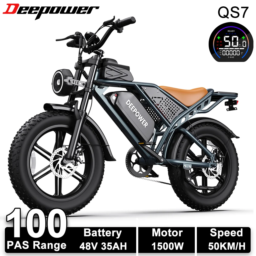 DEEPOWER QS7 Elektrische Fiets 1500W 48V 60AH Dubbele Batterij Volwassen Elektrische Fiets 20 Inch Outdoor Off-Road All Terrain Ebike