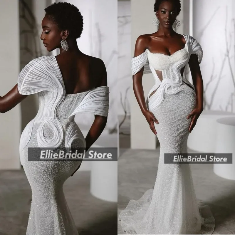 

Civil Wedding Dress Woman Pearls Pleats African Bridal Gowns Sweetheart Short Sleeves vestidos de boda corte sirena Customized