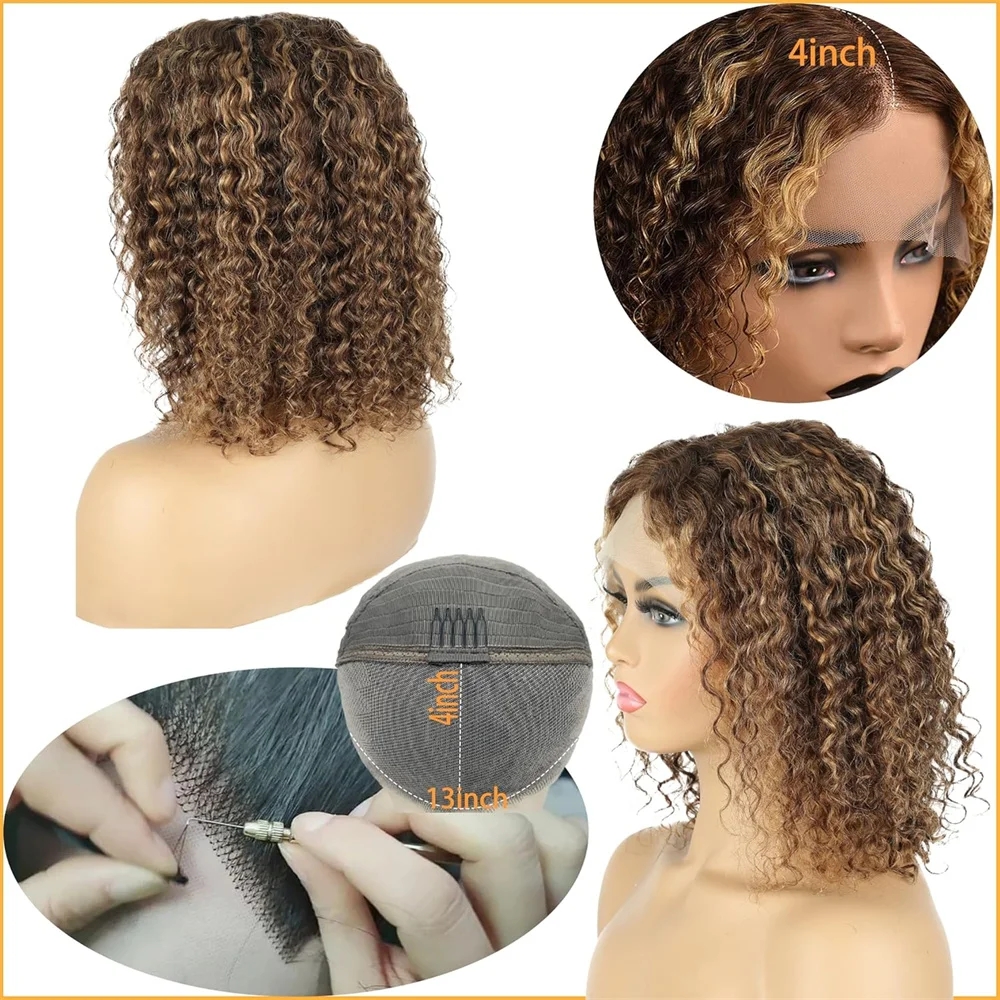 12 14 Zoll braune tiefe Welle 13x4 HD Lace Frontal 4/27 Highlight Ombre farbige lockige 13x4 Echthaarperücke 200 % Dichte