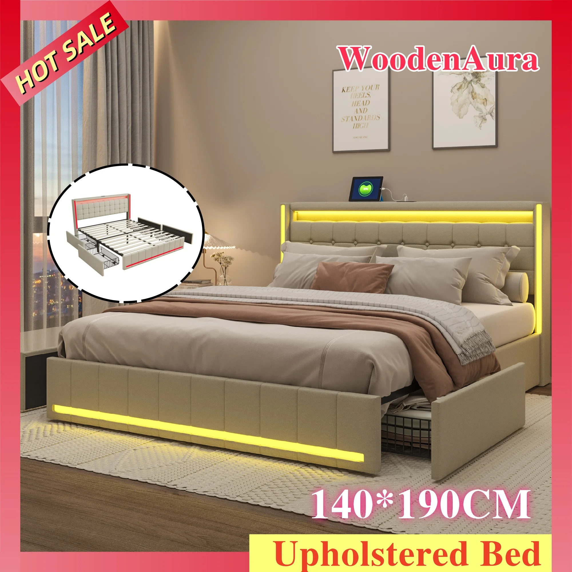 WoodenAura Lit double 140x190 cm, tête et pied de lit avec éclairage LED, doté de 4 tiroirs en fer, tissu en lin, beige, lit pour jeunes