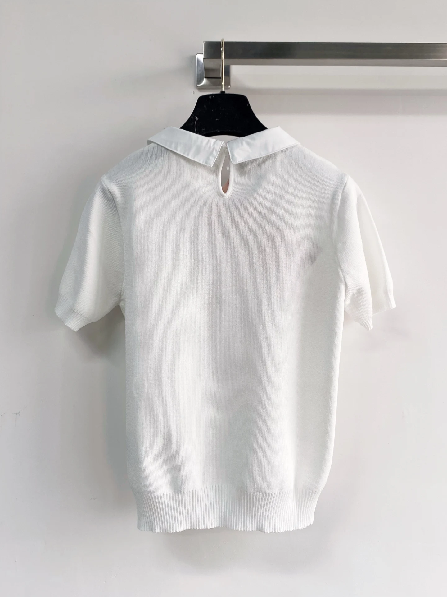 

2026 Spring New Color Block Peter Pan Collar Rhinestone Studded Short Sleeve Knitted T-Shirt For Women Slimming Top