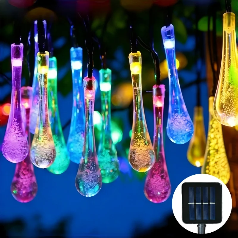 Solar water droplet light, 5M/6.5M/9.5M waterproof fairy string light, LED landscape light, suitable for outdoor decoration