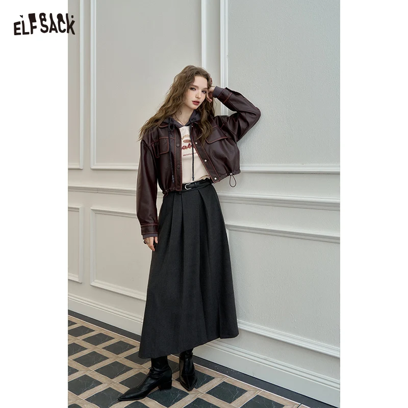 

（Free belt ）ELFSACK 2025 Spring New Arrivals Preppy Style Solid Pleated A-Line Skirt