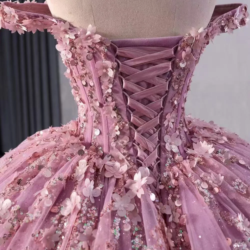 Vestidos De 15 con hombros descubiertos, apliques De novia con lentejuelas y cordones en la espalda, Vestidos morados para fiesta De lujo