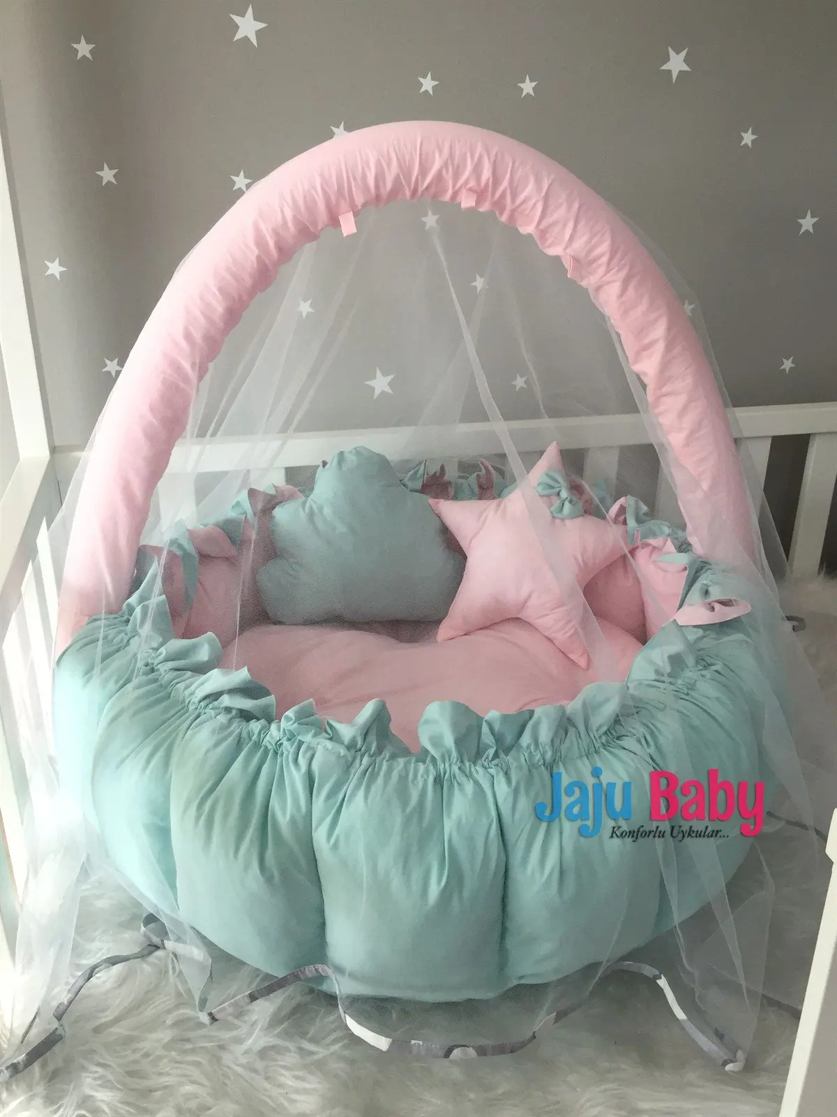 Handmade Pink - Mint Design Luxury Play Mat Babynest Mosquito Net Tulle Toy Apparatus Set