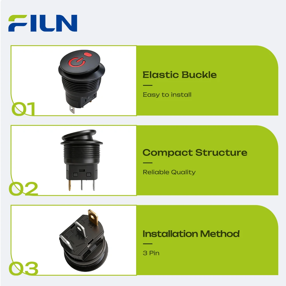 FILN Runder LED-Betriebssymbol-Wippschalter aus Zink-Aluminium-Legierung, 3-polig, 16A, 12V-24V, EIN-AUS, beleuchteter Knopf, Rot, Grün, Blau – Detail 4