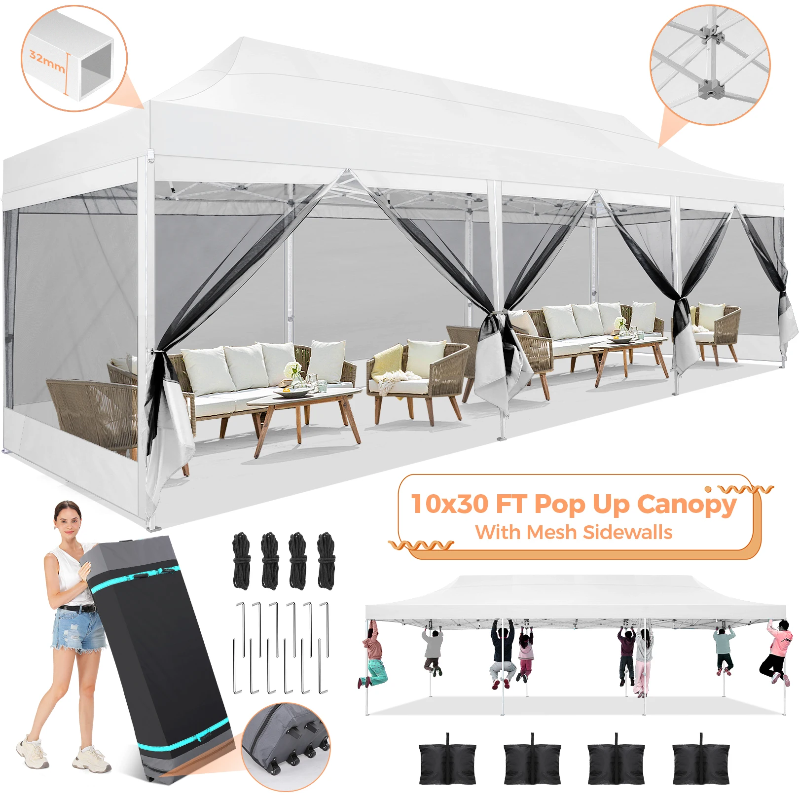 10x30FT Heavy Duty Pop Up Canopy Tent with 8 Sidewalls, Easy Set Up Outdoor Waterproof Screen Commercial Party Tent with Mosquito Netting for Parties Backyard Patio, Roller Bag
