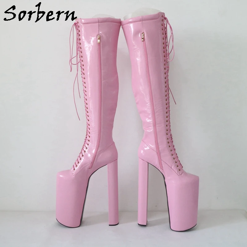 Sorbern Pink Over The Knee Boots Women Unisex Fetish 30Cm Block High Heel Invisible Platform Shoes Drag Queen Custom Size EU3-48