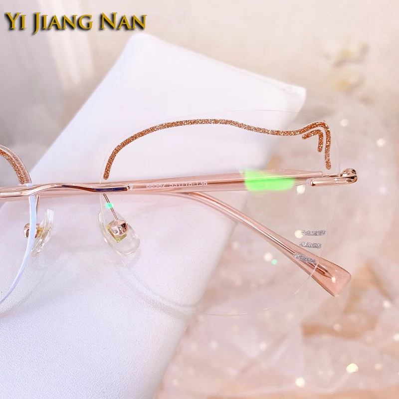 Girls Cat Eye Fashion Titanium Cute Glitter Design Lens Optical Glasses Frame Prescription Women Eyeglasses Clear Lenses Eyewear