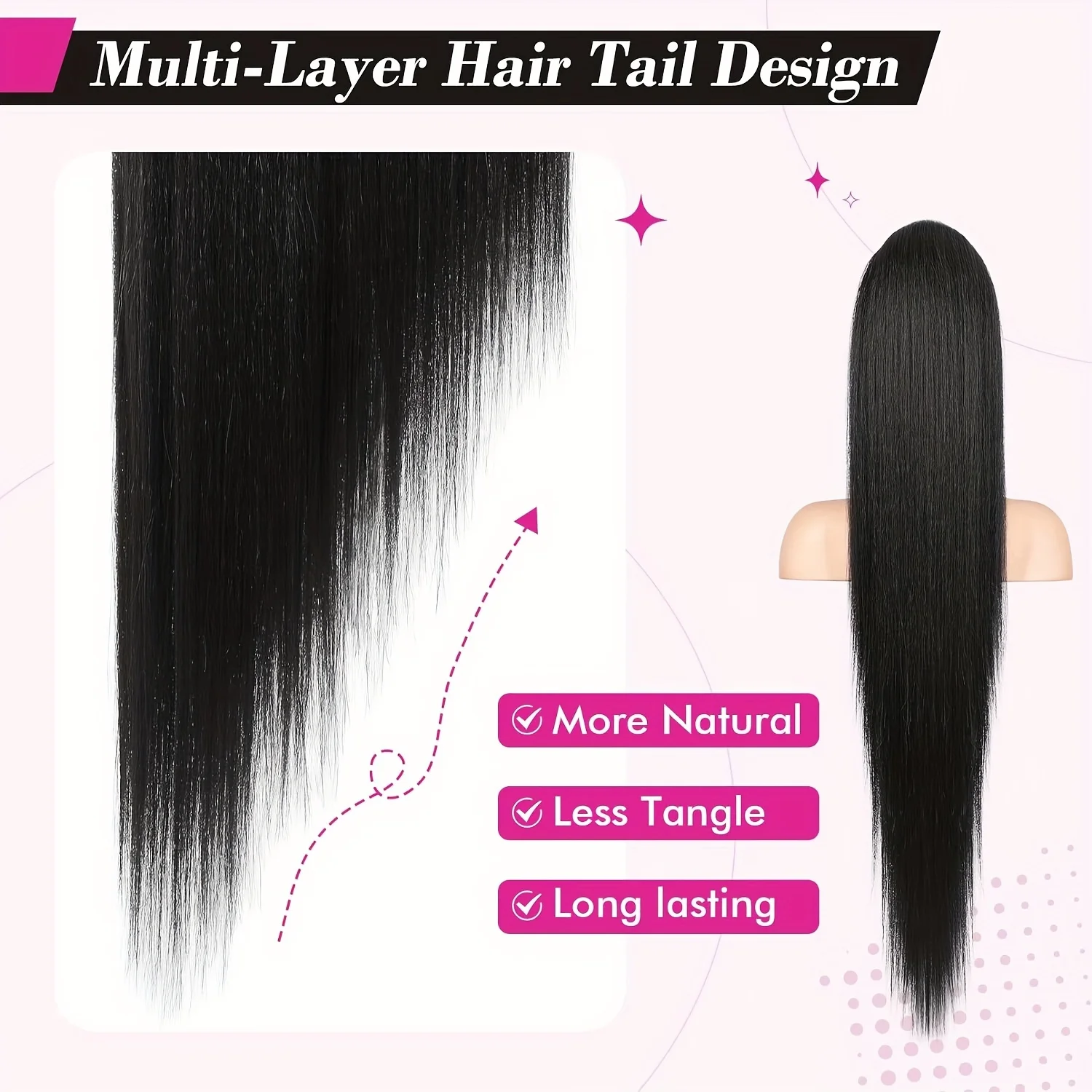 Extensões de rabo de cavalo com cordão reto longo para mulheres, cabelo humano, envoltório em torno do grampo, cor preta natural, 1B