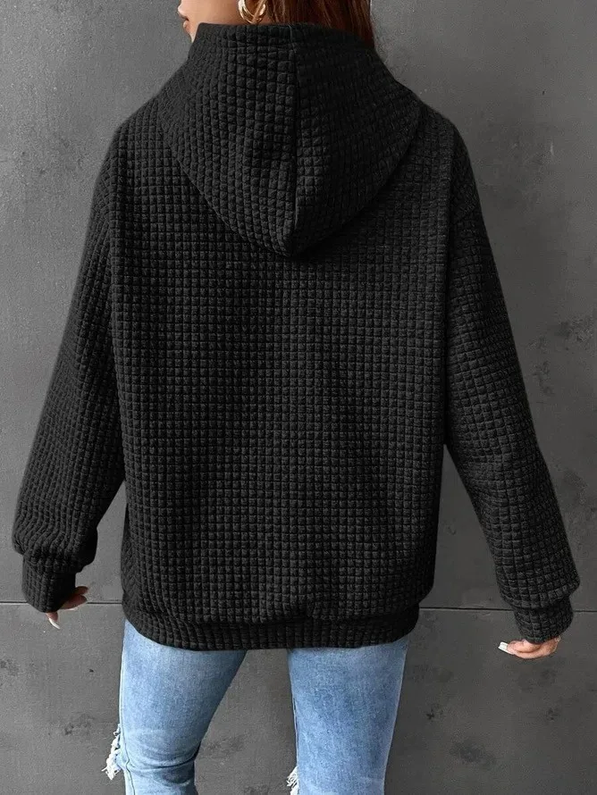 Women's Winter Thick Waffle Knit Solid Color Round Neck Pocket Sweatshirt Hip Length Crinkled Hoodie Women's Hoodies And