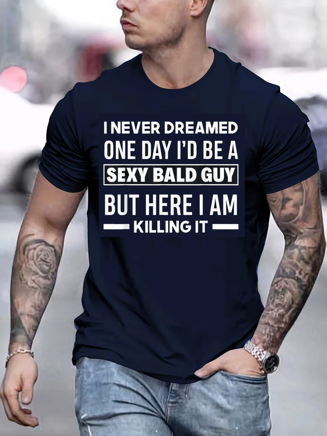 Funny Bald Head Graphic Printed Men's T-shirt Summer Casual Sports Fashionable Round Neck Short Sleeve Loose Cotton Pullover Top