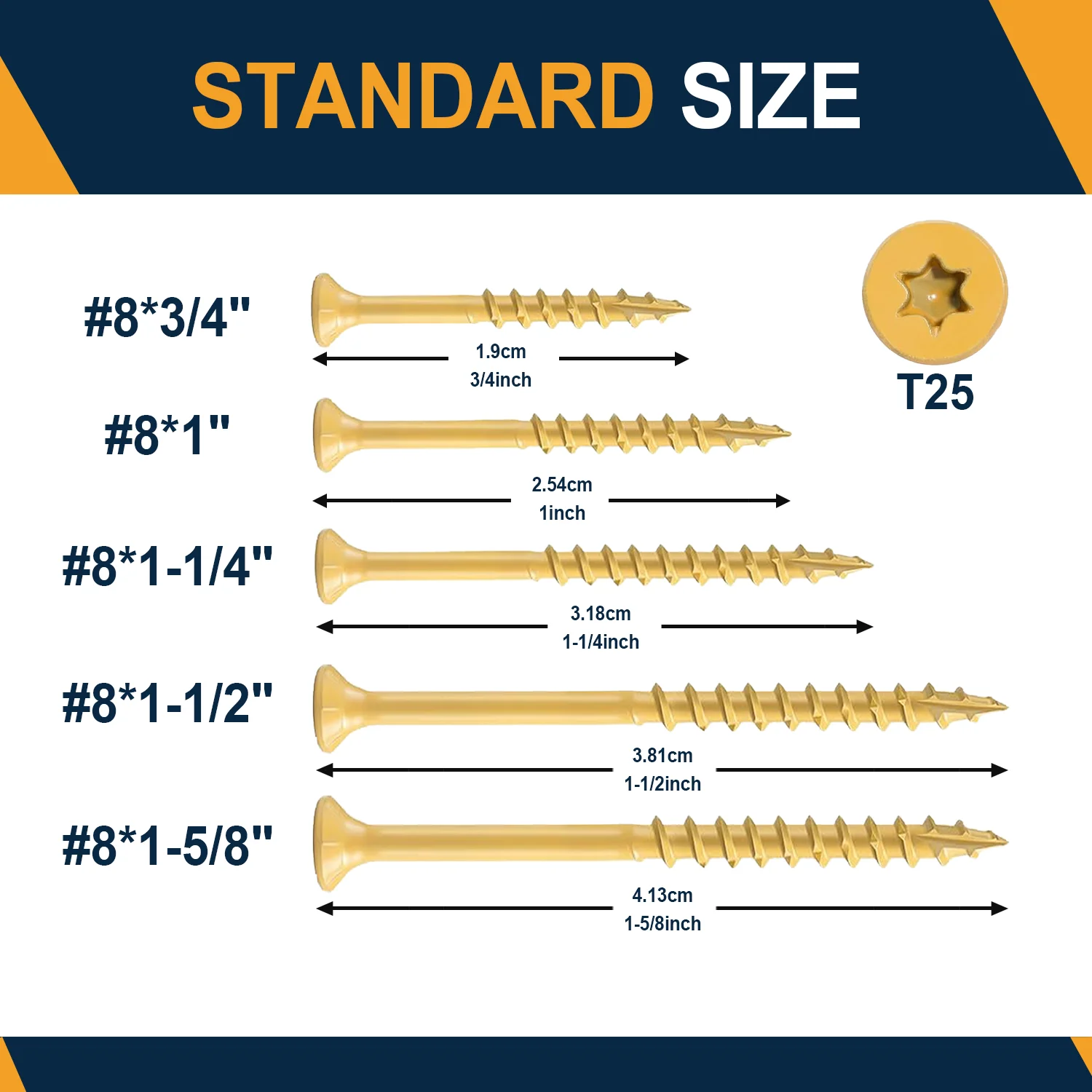 VKKM #8 X 1-1/2 Inch Yellow Wood Screws 250PCS Torx Star Drive Self Tapping Screws With T25 Bit For Deck Fence Cedar Treated Lumber Indoor Outdoor Wood Construction