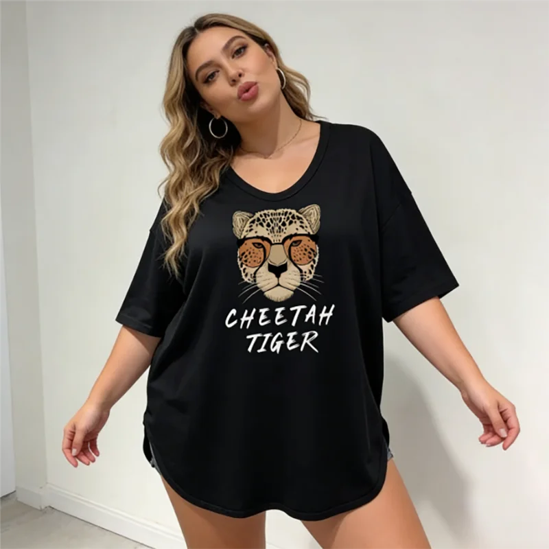 T-shirt da donna con grafica leopardata carina taglie forti 40-150 kg T-shirt casual estiva allentata oversize con stampa tigre ghepardo