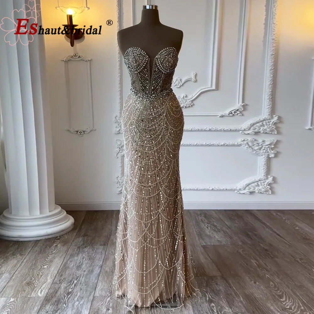 Luxuriöses Meerjungfrau-Perlen-Abendkleid für Frauen 2022, eleganter Schatz, Diamant, langer