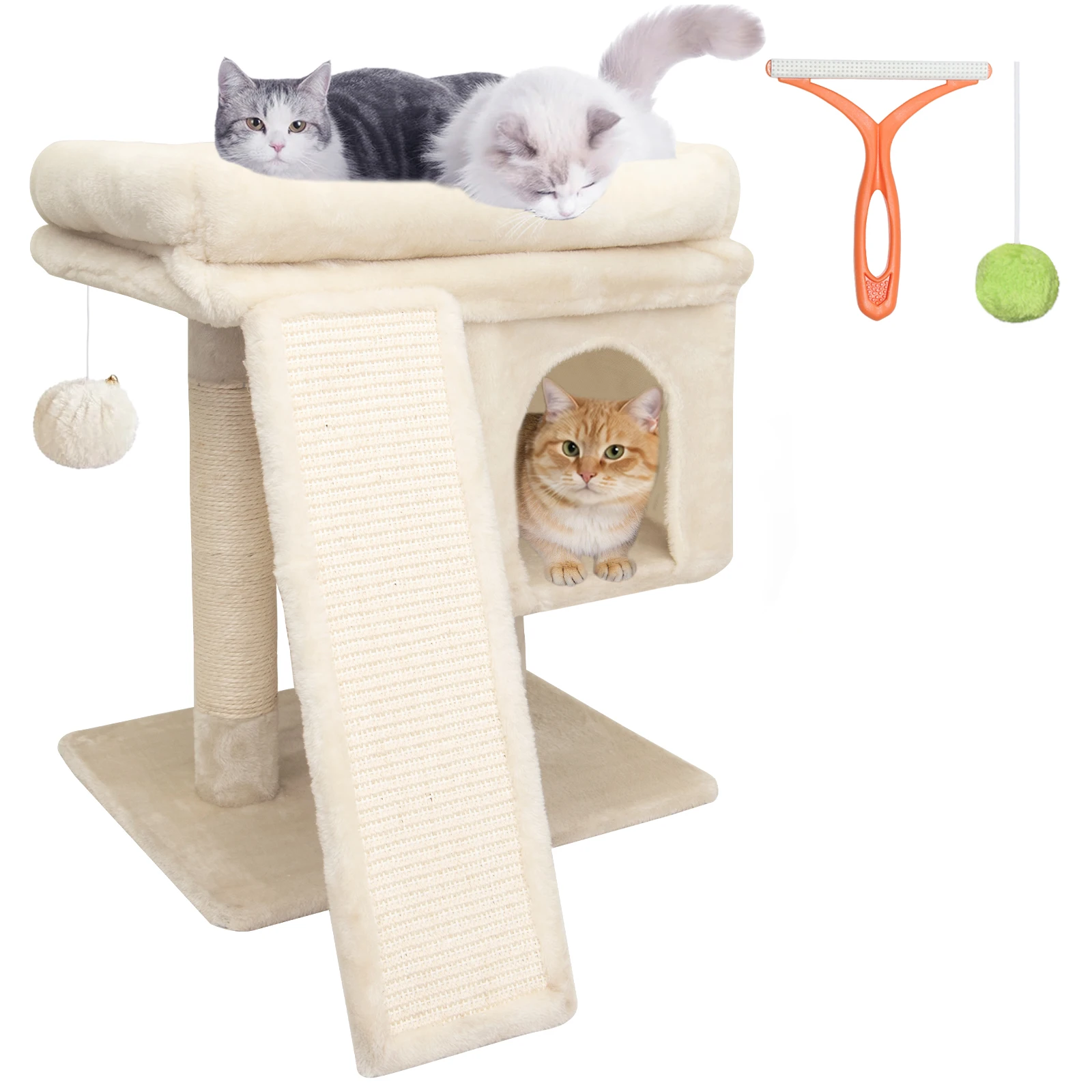 LEEJARD Kratzbaum klein für große Katzen XXL - 60cm hoch, Katzenbaum mit extra großer Plattform (40x50cm) & Kratzrampe, Stabiler Katzenturm für Senioren. Katzenbürste & Spielball