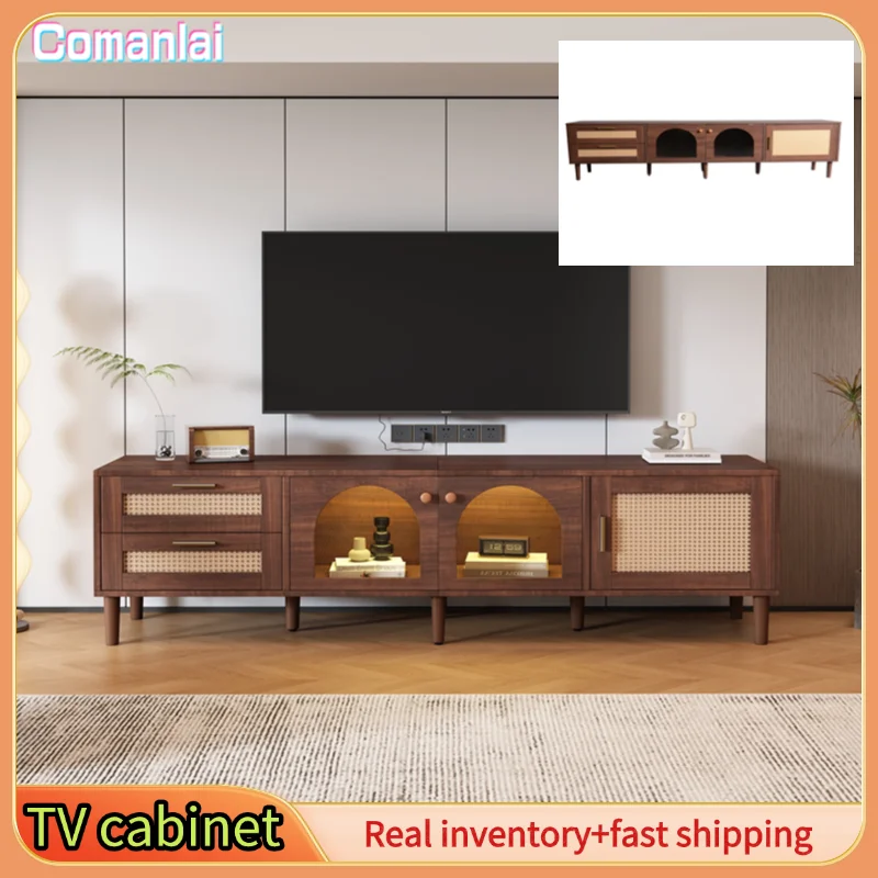 Comanlai Meuble TV 180 cm, avec 2 tiroirs en rotin, 2 portes en verre incurvées et 1 porte en rotin, éclairage LED, marron