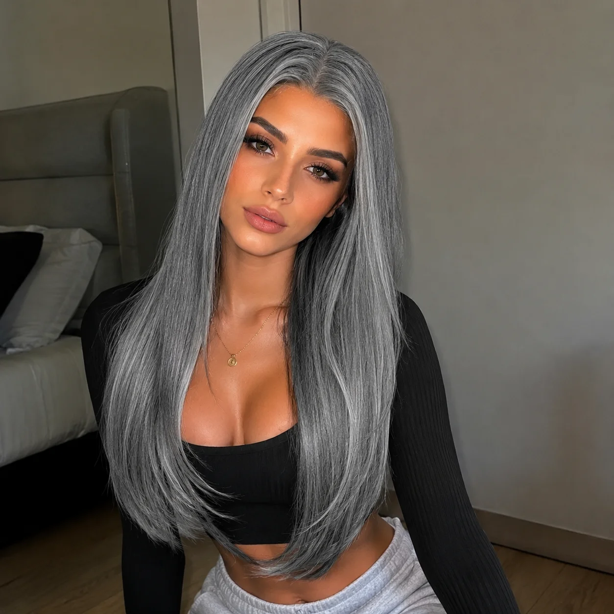 22 Inch Salt & Pepper Wig Glueless Lace Front Wig Suitable for Women with Pre Plucked Hairline, Pre-Cut Lace Base, Mix Grey Color Straight Synthetic Hair for Daily Wear, Instant Volume & Scalp Coverage (No Glue Application)，Halloween Party Cosplay Wig,