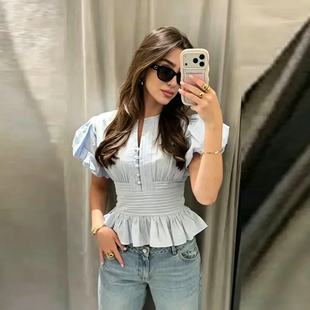 Ladies Chiffon Blouse Shirt Women Split Neck Single Breasted Puff Sleeve Ruffle Hem Top Elegant Casual Chic Summer Outfits Women