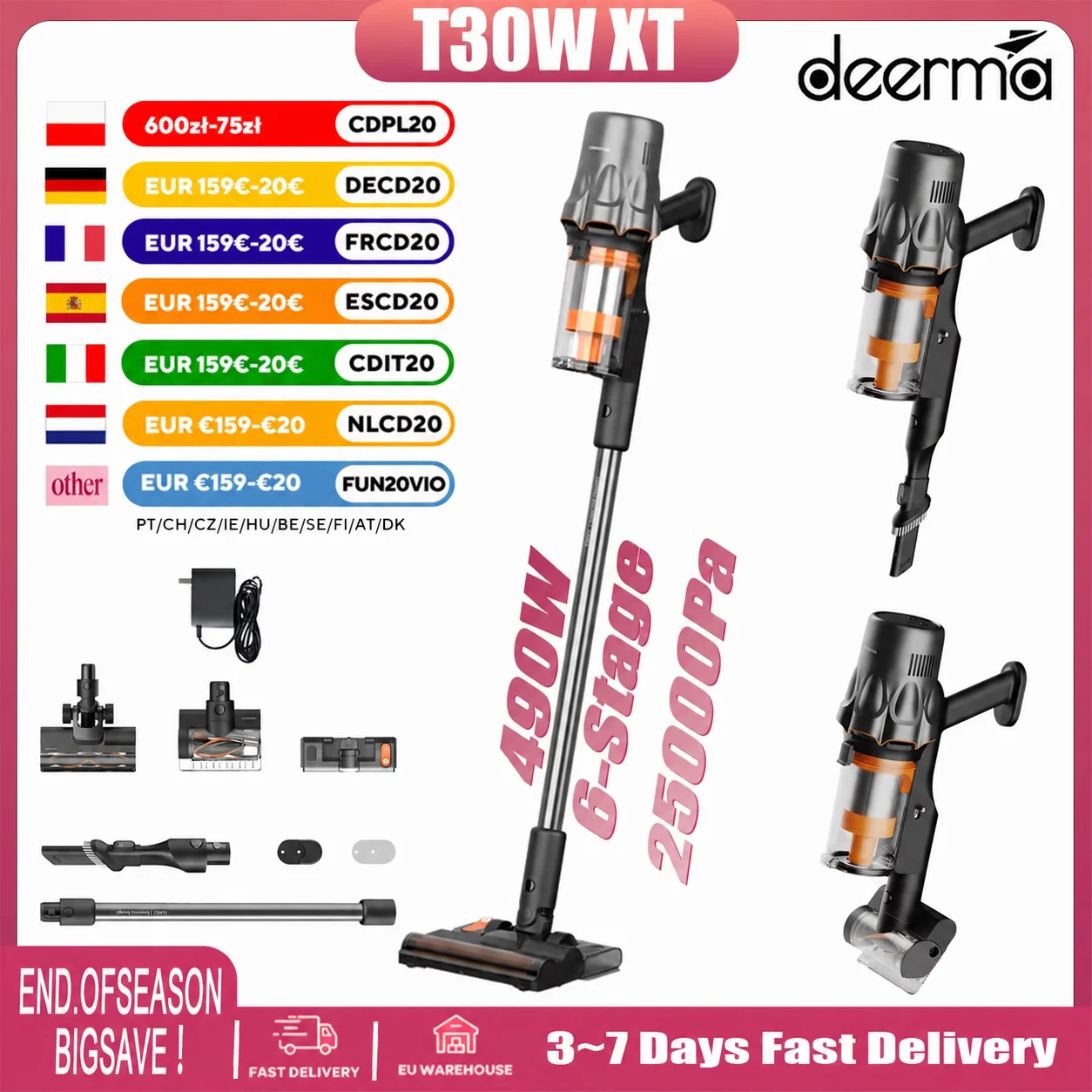 Akku-Staubsauger Deerma T30W XT - Saugleistung 25kPa, 6-Stufige Filtration, 120° Grünes LED-Licht, 2-in-1 Nass- und Trockensaugen, 60 Minuten Laufzeit, V-förmige Verstopfungsfreie Bürste,