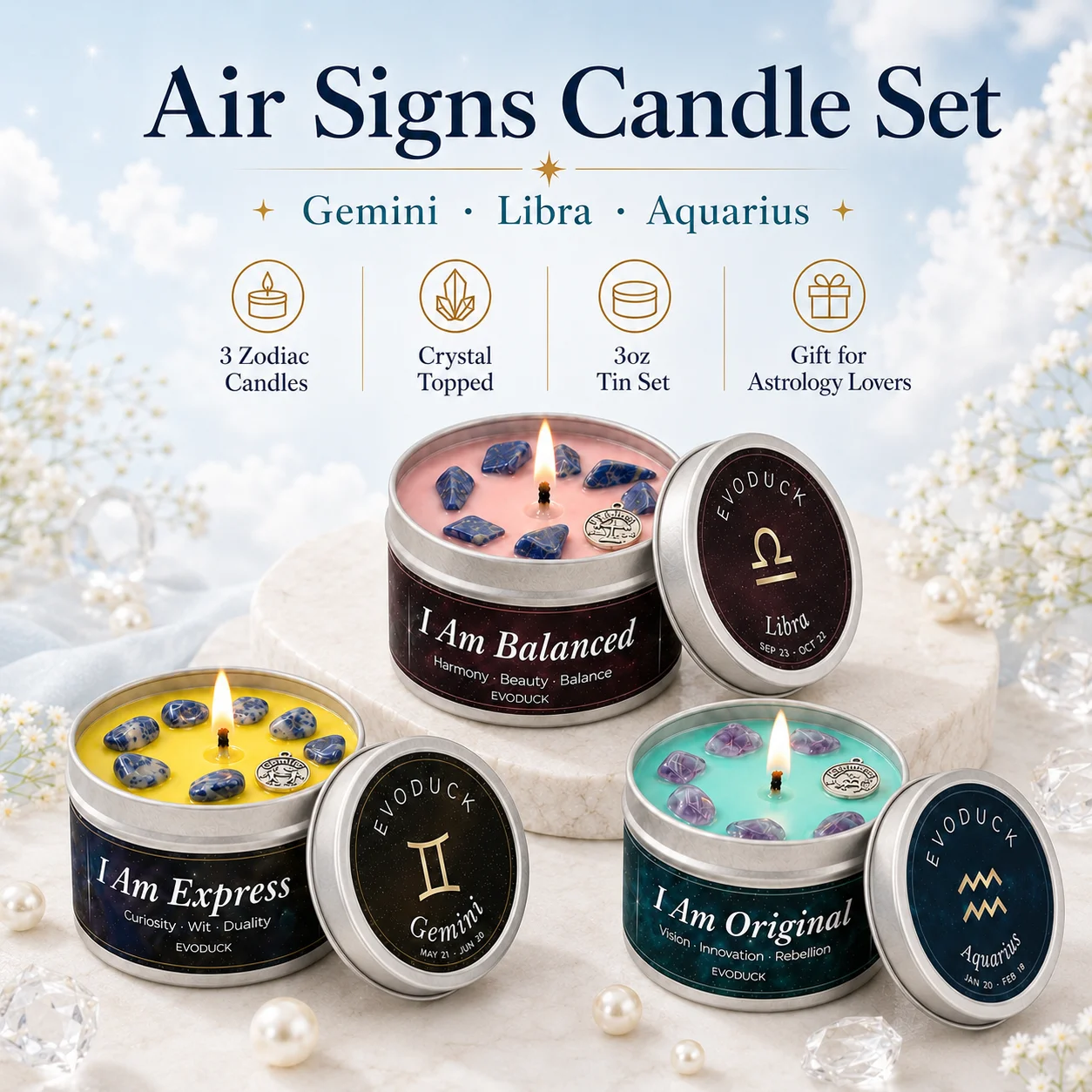Air Signs Zodiac Candle Set 3 Pack Gemini Libra Aquarius Scented Soy Candles with Healing Crystal Gemstones 3oz Tin Astrology Affirmation Candle Meditation Spiritual Gift Set for Women New Year Graduation Bridal Shower Wedding Astrology Lovers Friends
