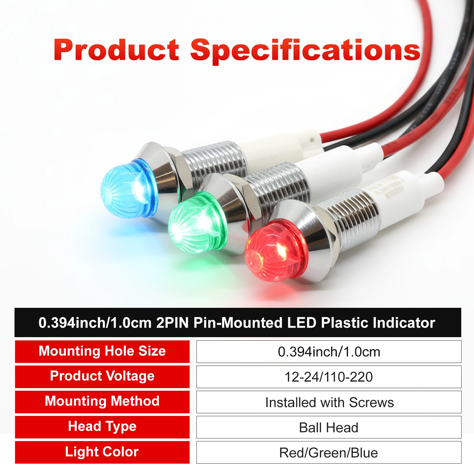 FILN 4 Stück 10mm 12V 220V Metall-LED-Pilotanzeige, Signal- und Warnleuchte mit 20cm Kabel, Chrom-Finish für Auto, Boot, Marine – Detail 2