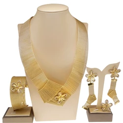 Dubai Gold Colour Jewelry Sets For Women Plated 24k Original Simple Cutout Big Necklace Brazilian Style Party