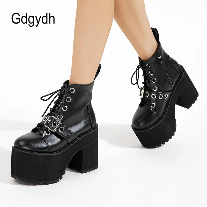 Gdgydh Womens Gothic Style Platform Combat Boots Buckle Front Tie Short Boots Street Slope Punk Mid Calf Boots Chunky Heels