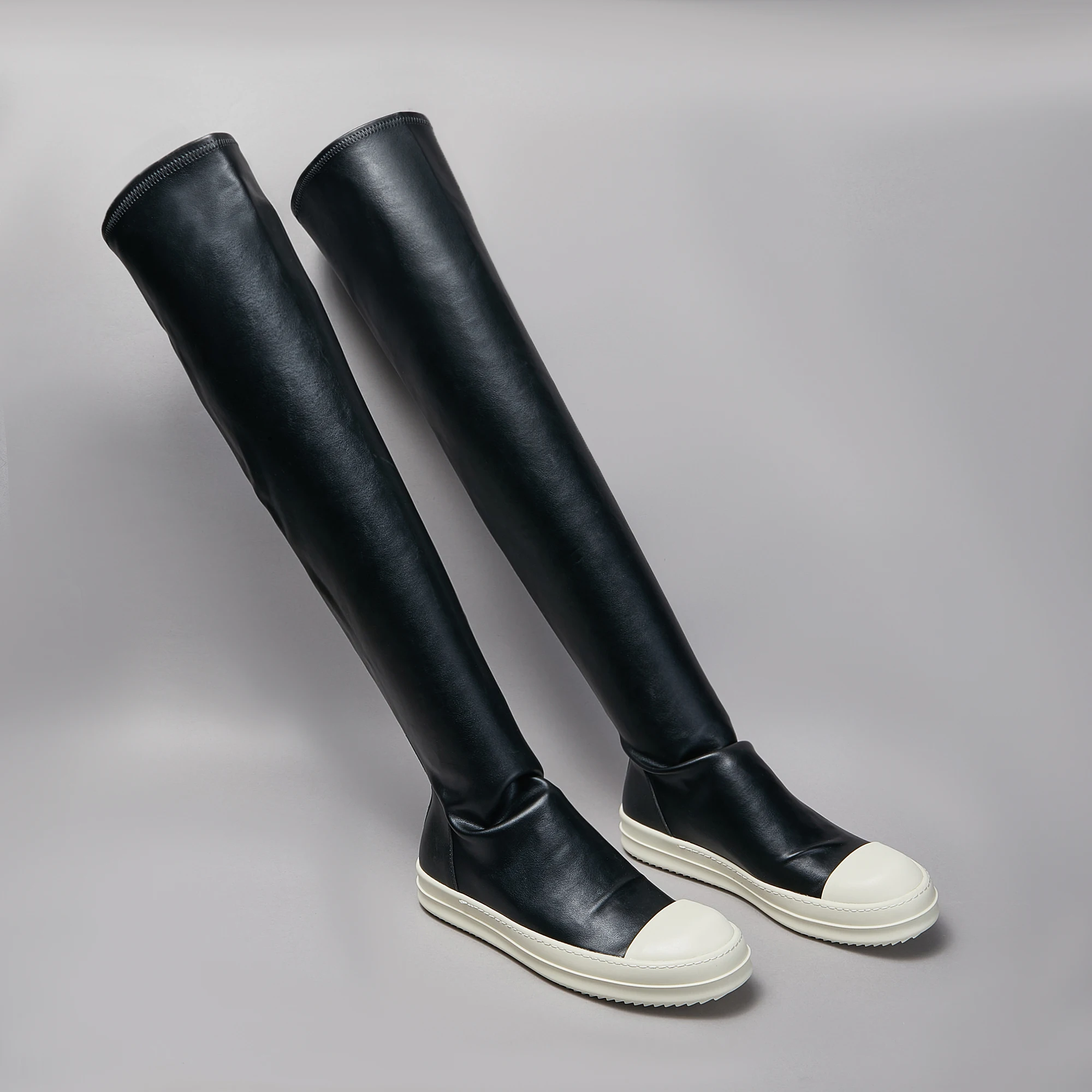 

Ro Retro Style Design Elastic Sheep Print Microfiber Black Leather Over The Knee Boots Men Shoe Women Sneaker Classic Black Boot