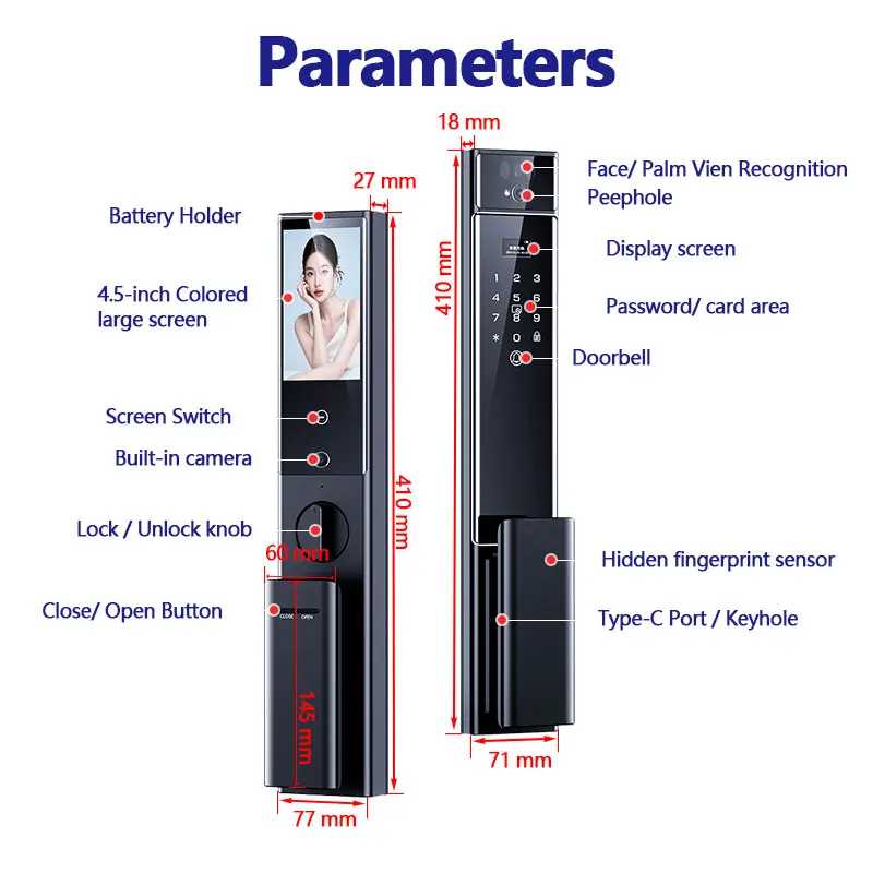 RAYKUBE S90 Jlink WiFi 3D Facial Palm Vein Recognition Rechargeable Smart Fingerprint Lock With Dual WIFI Cameras APP Video Call