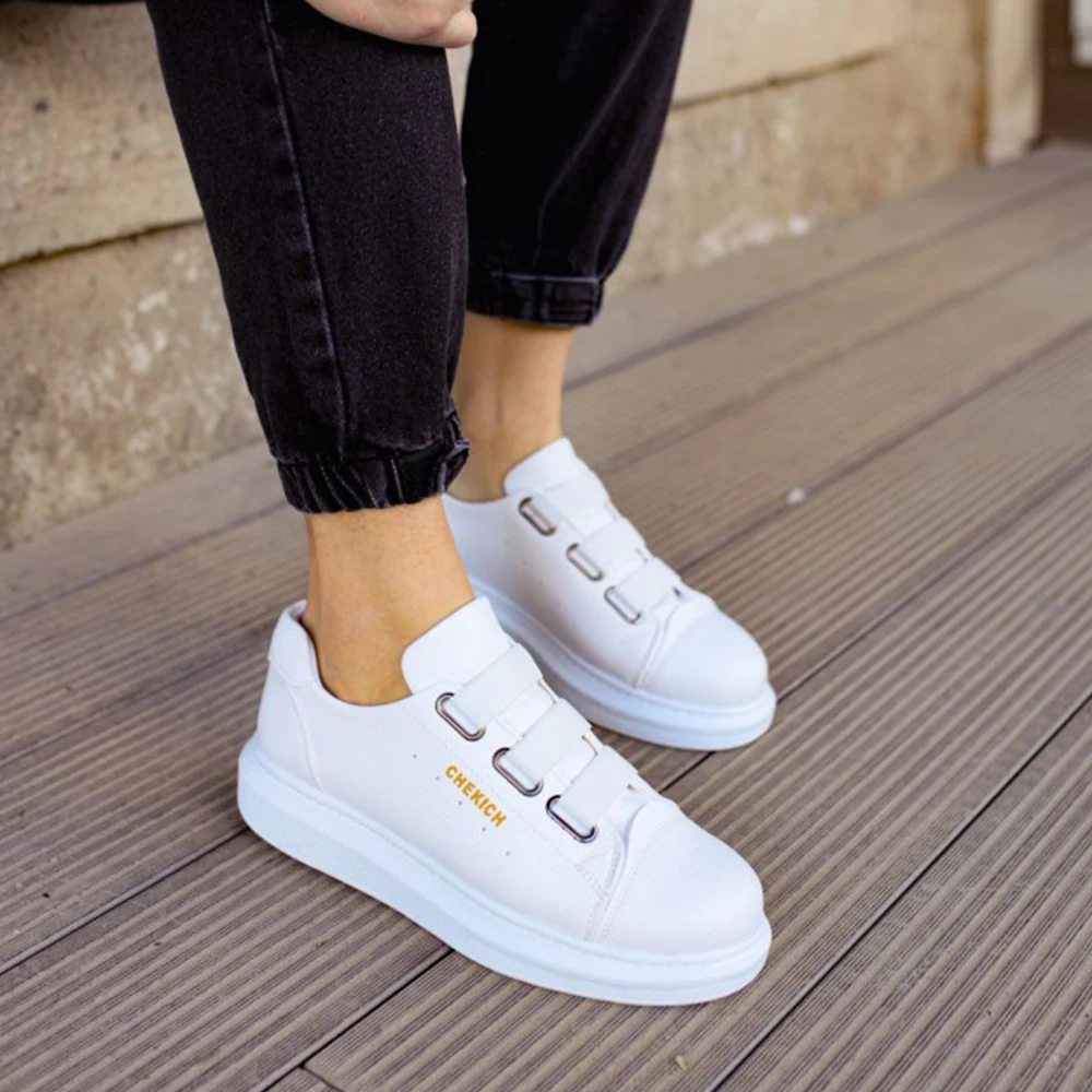 FOH Store Men Women Shoes White Color Non Leather Elastic Band 2023 Spring and Fall Seasons New Fashion Casual Breathable Sneakers Suits Comfortable Solid Sole Office Fashion Wedding Walking Lightweight 253