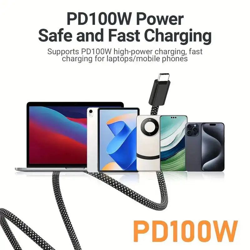 100W Magnetic Retractable Type-C Charging Cable – Fast, Durable & Portable Nylon Braided Cord for iPhone/iPad & Laptops