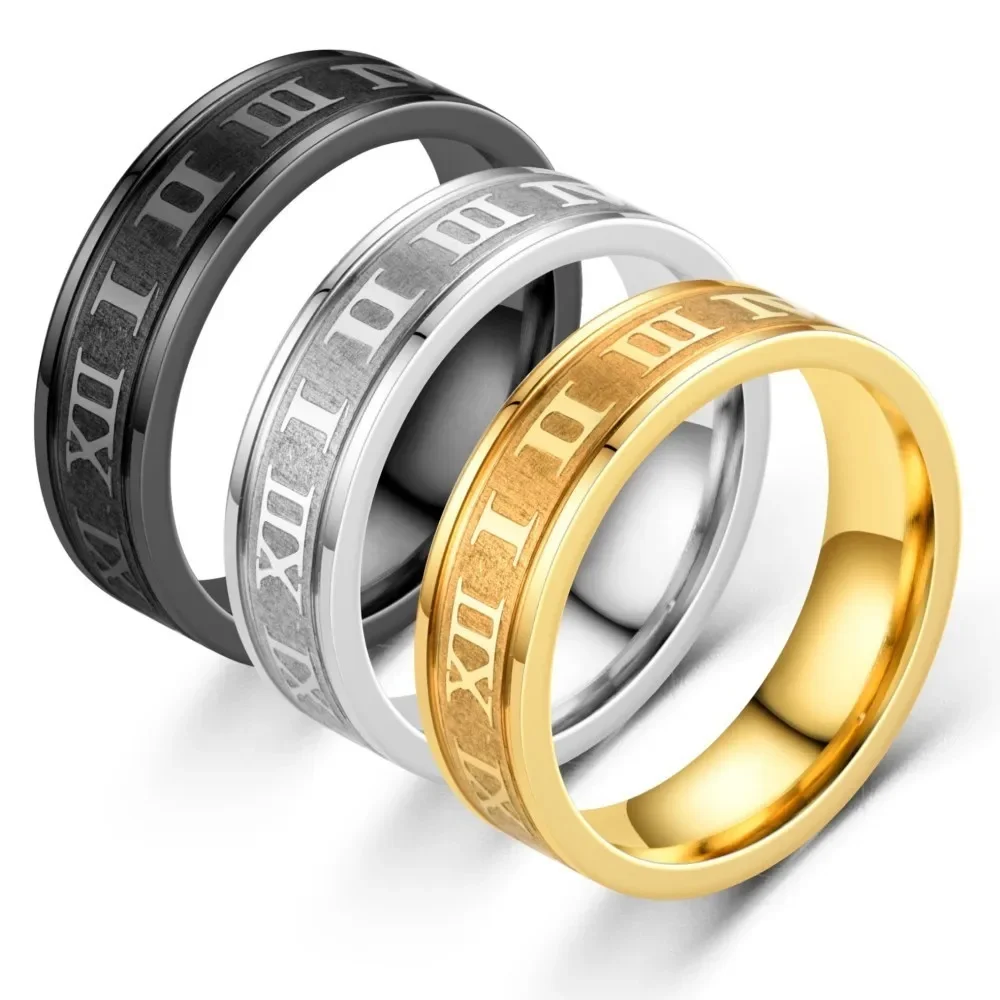 Bague de Couple en acier inoxydable, largeur 6MM, pour hommes et femmes, chiffres romains, accessoires de bijoux de fête à la mode