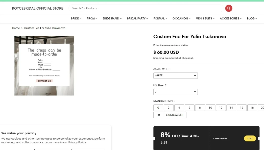 

Wedding Dress Custom Fee For Цуканова Юлия Дмитриевна