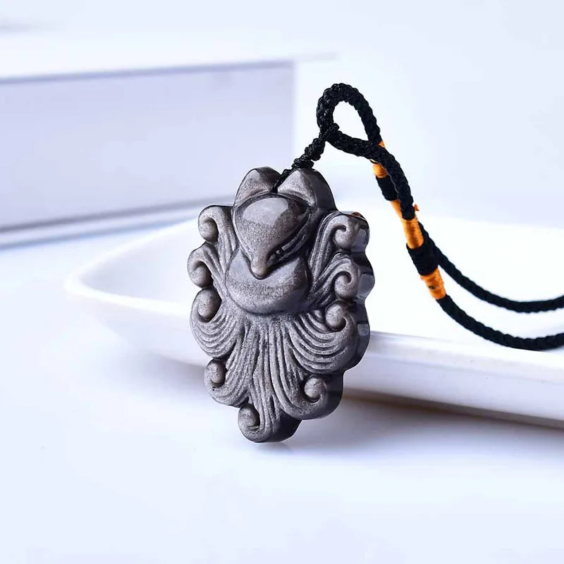 Natural Silver Sheen Obsidian Nine-Tailed Fox Crystal Pendant Necklace For Men Women Lucky Amulet Gemstone Stone Animal